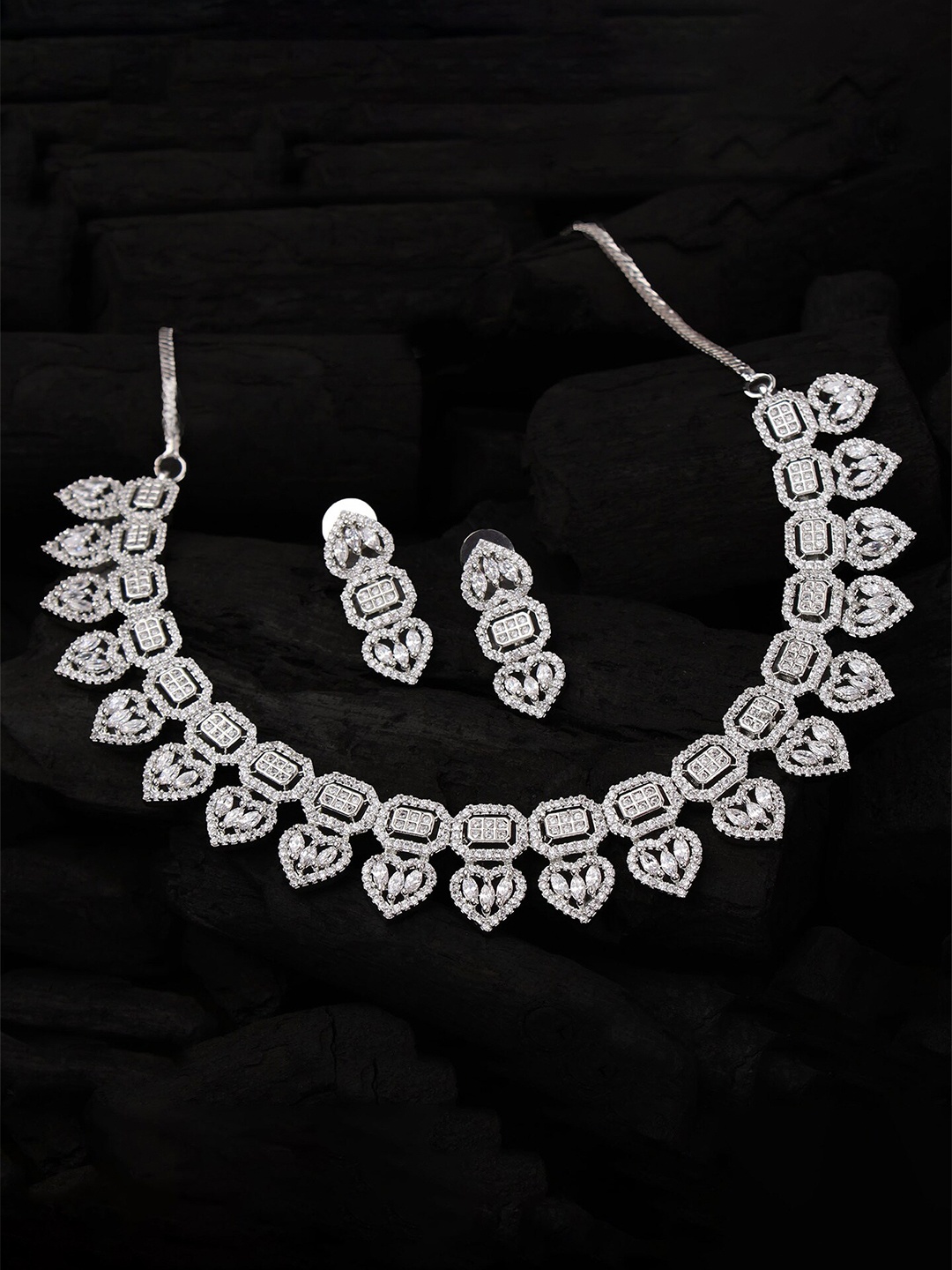 

Mirana Rhodium-Plated American Diamond Studded Jewellery Set, Silver