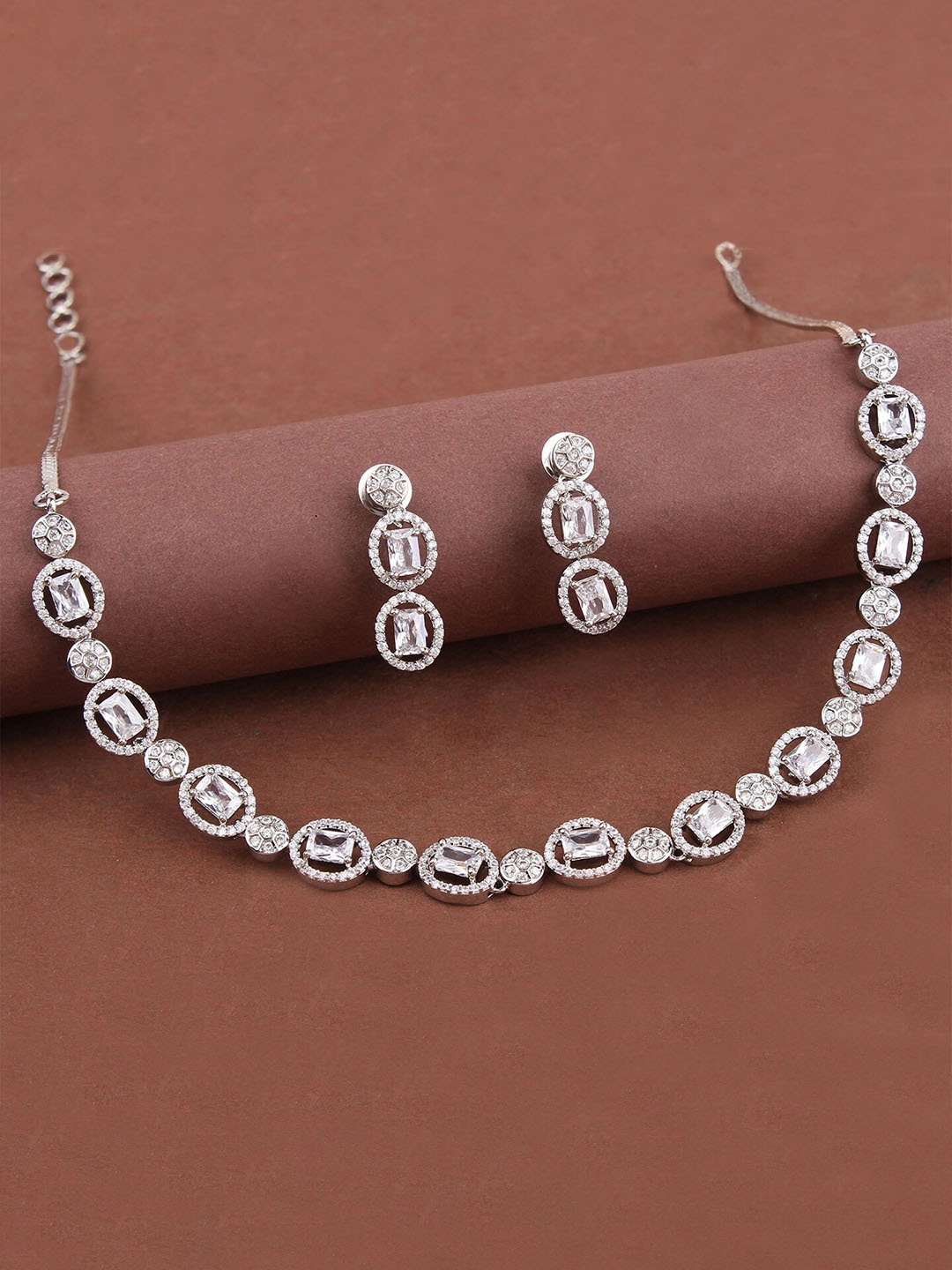 

Mirana Rhodium-Plated American Diamond Studded Jewellery Set, Silver