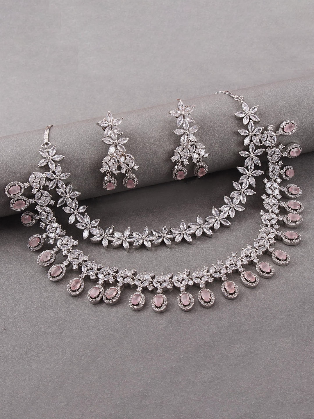 

Mirana Rhodium-Plated American Diamond Studded Layered Jewellery Set, Silver