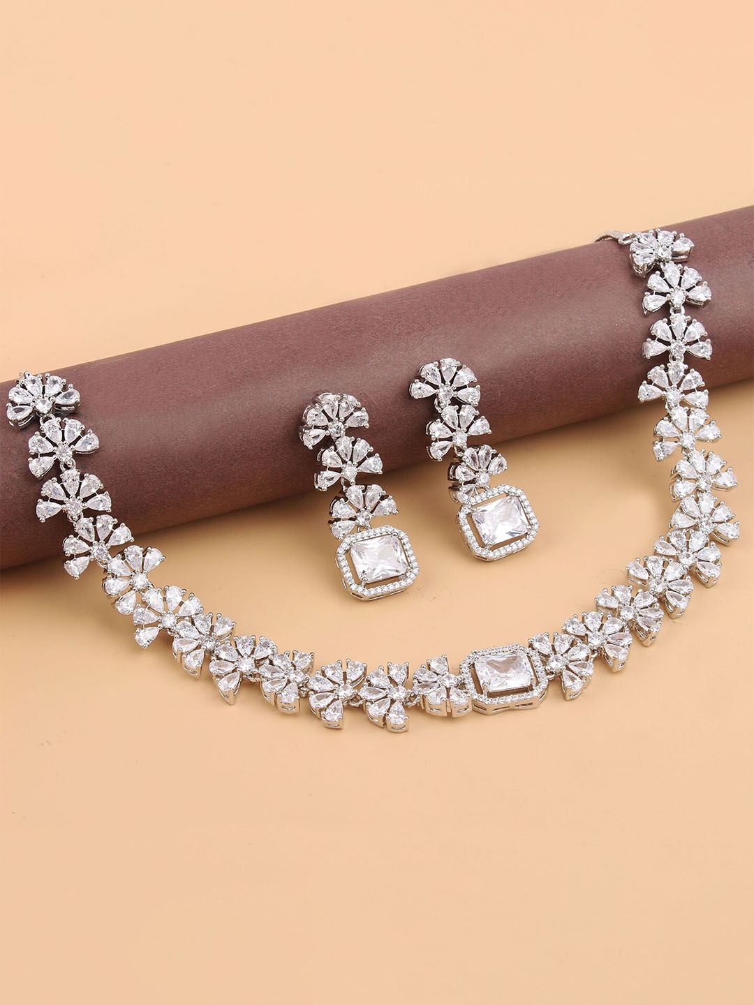 

Mirana Rhodium-Plated American Diamond Studded Jewellery Set, Silver