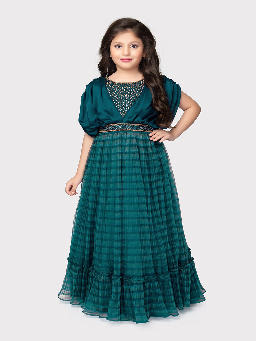

BETTY Girls Embellished Ruched Sleeves Gathered A-Line Maxi Dress, Blue