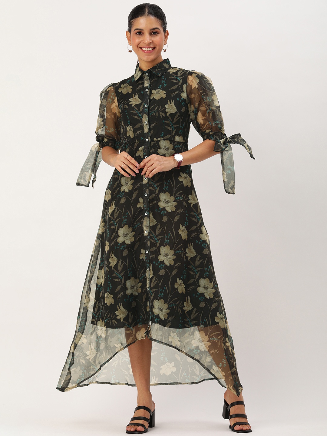

Ethnovog Floral Print Puff Sleeve Shirt Maxi Dress, Black