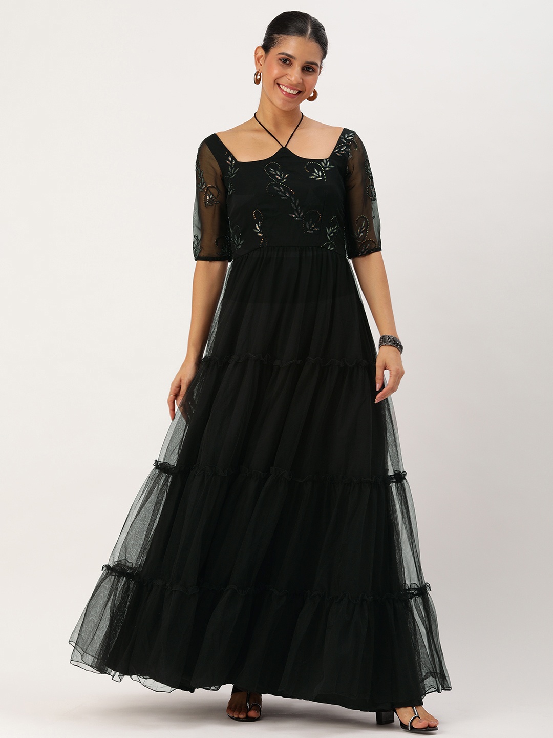 

Ethnovog Floral Embroidered Tie-Up Neck Net Maxi Dress, Black