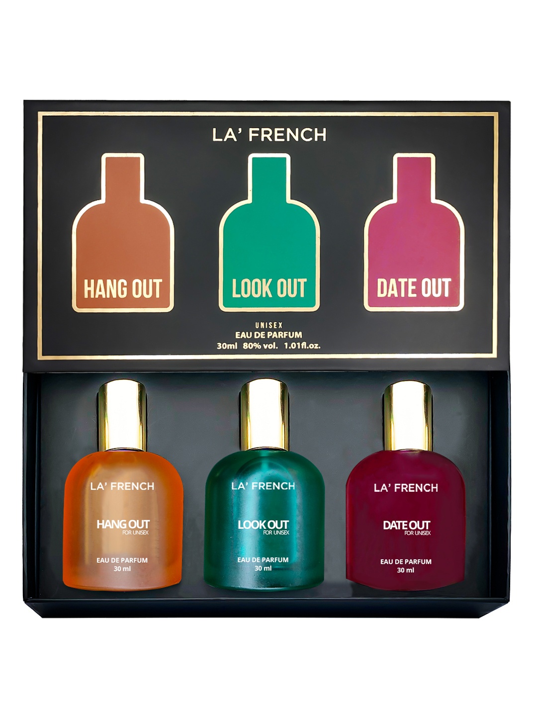 

La French Date Series Set Of 3 EDP Perfume -Hangout-LookOut-Dateout - 30ml Each, Black