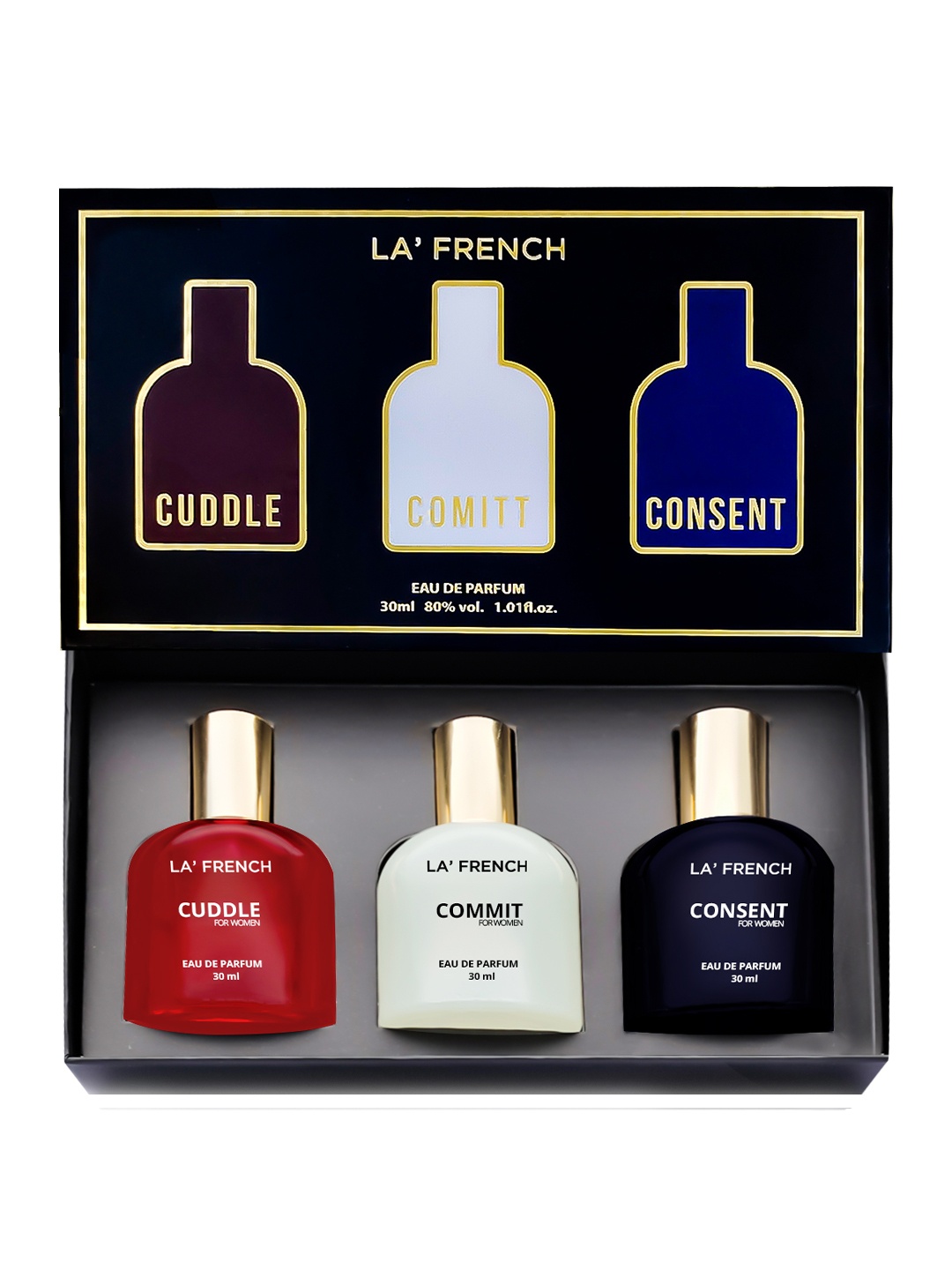 

La French C Series Set of 3 EDP Perfume - Cuddle-Commit-Consent - 30ml Each, Black