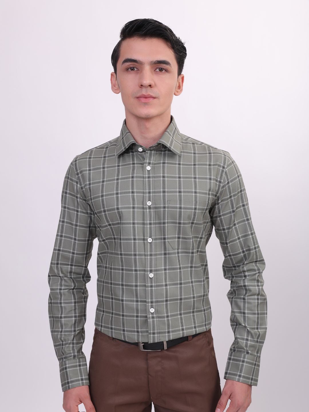 

LOUIS STITCH Comfort Windowpane Checked Cotton Formal Shirt, Green