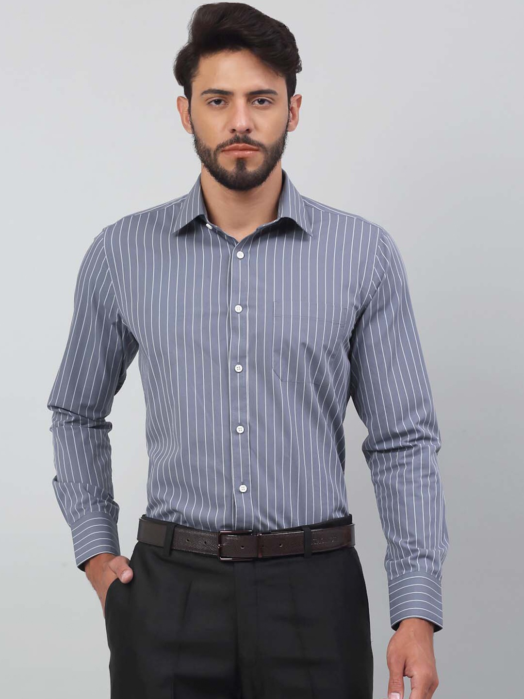 

LOUIS STITCH Comfort Vertical Striped Cotton Formal Shirt, Grey