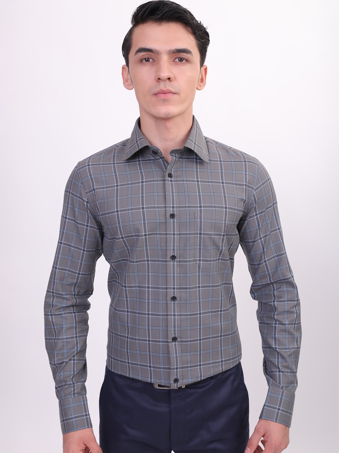 

LOUIS STITCH Comfort Windoepane Checked Cotton Formal Shirt, Grey