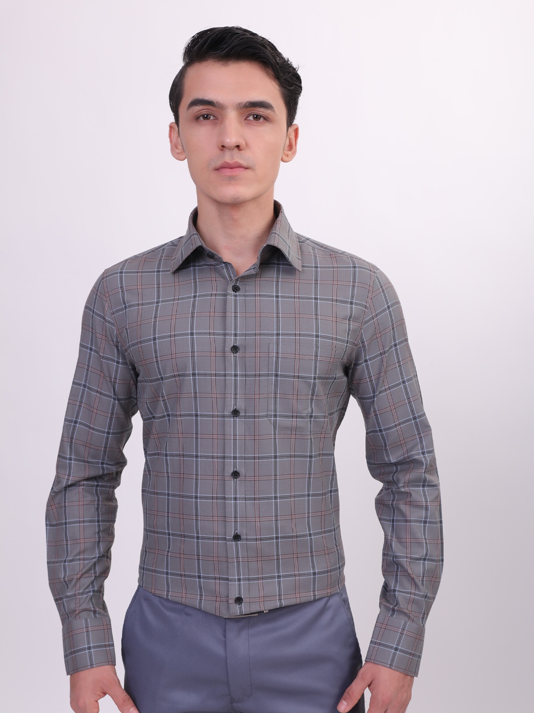 LOUIS STITCH Comfort Tartan Checked Cotton Formal Shirt, Grey