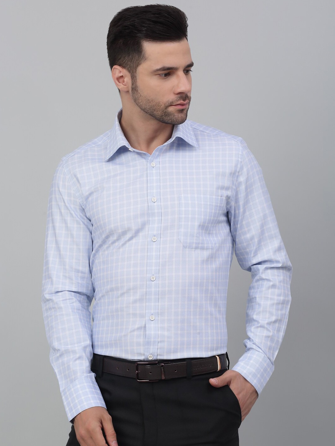 

LOUIS STITCH Comfort Fit Grid Tattersall Checked Cotton Formal Shirt, Blue