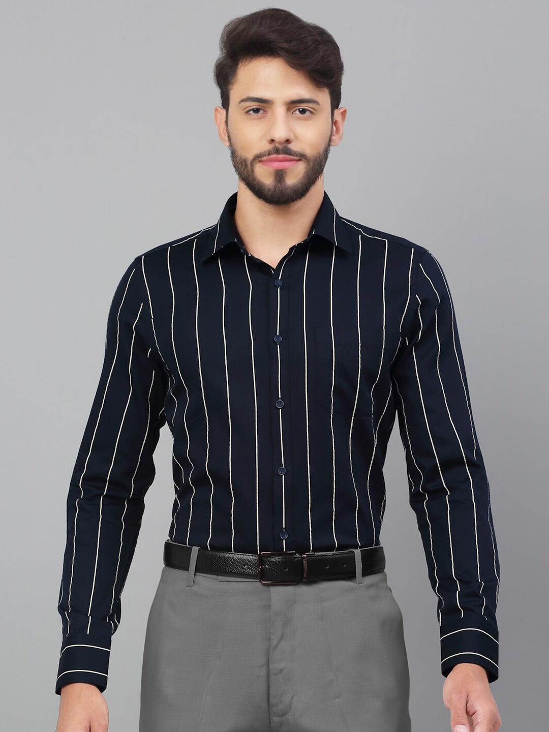

LOUIS STITCH Vertical Striped Comfort Pure Cotton Formal Shirt, Navy blue