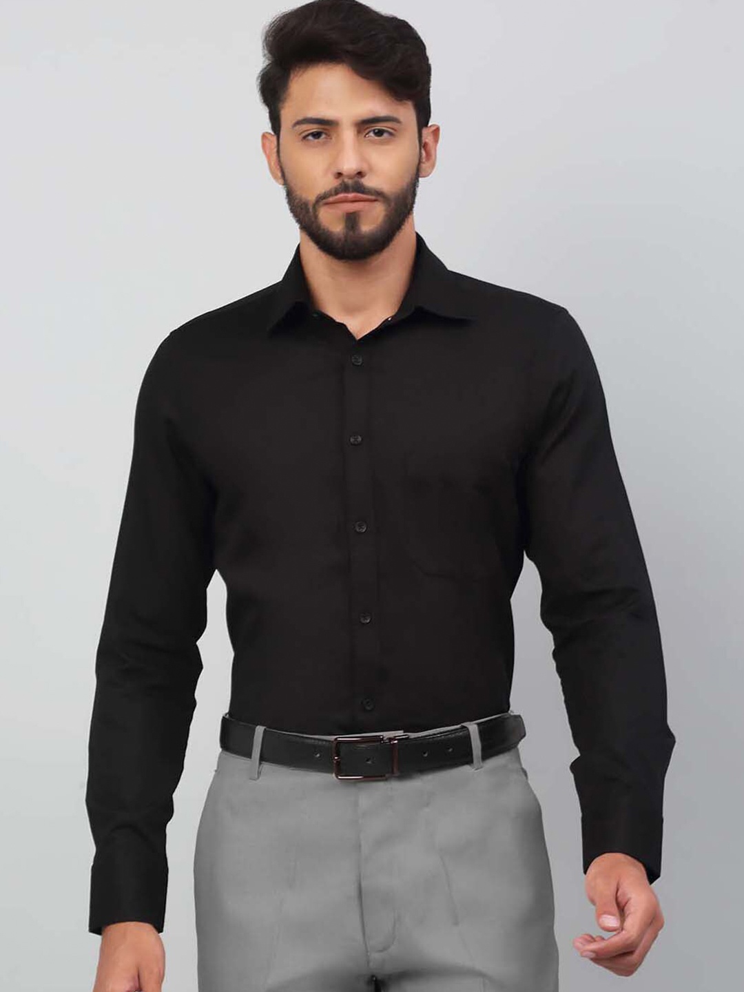 

LOUIS STITCH Comfort Spread Collar Long Sleeve Pure Cotton Formal Shirt, Black