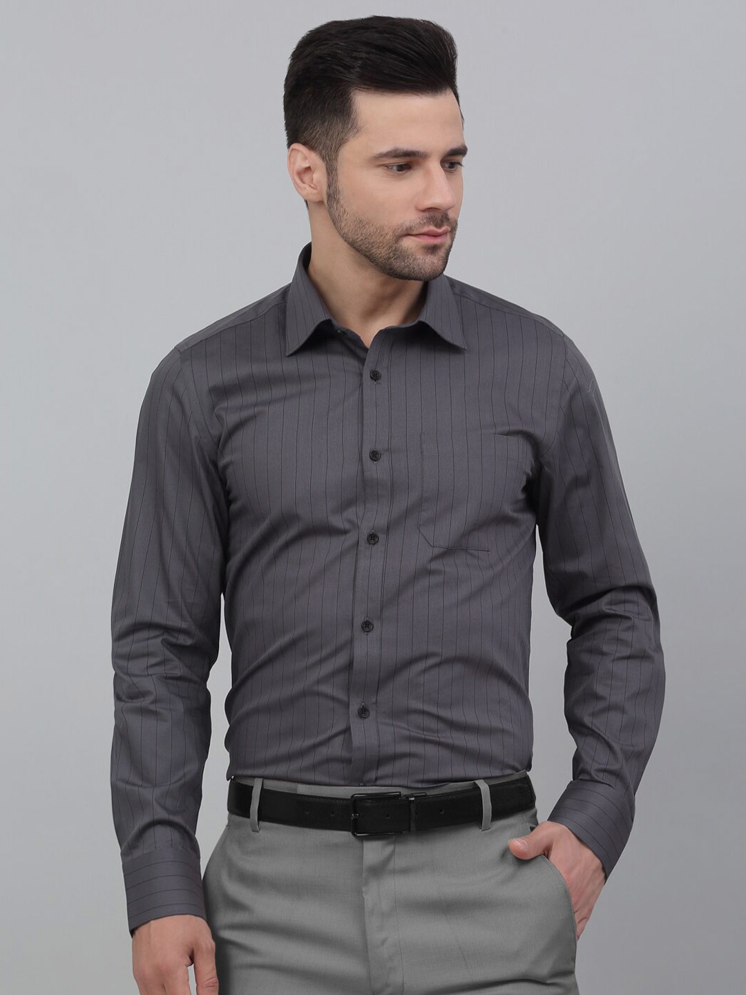 

LOUIS STITCH Comfort Regular Fit Striped Pure Cotton Formal Shirt, Grey