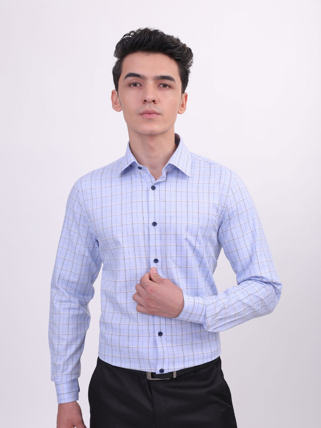 

LOUIS STITCH Comfort Checked Spread Collar Cotton Formal Shirt, Blue