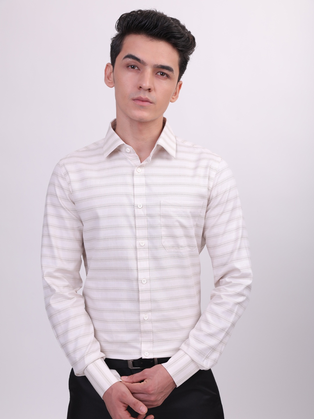 

LOUIS STITCH Comfort Horizontal Stripes Cotton Formal Shirt, Brown