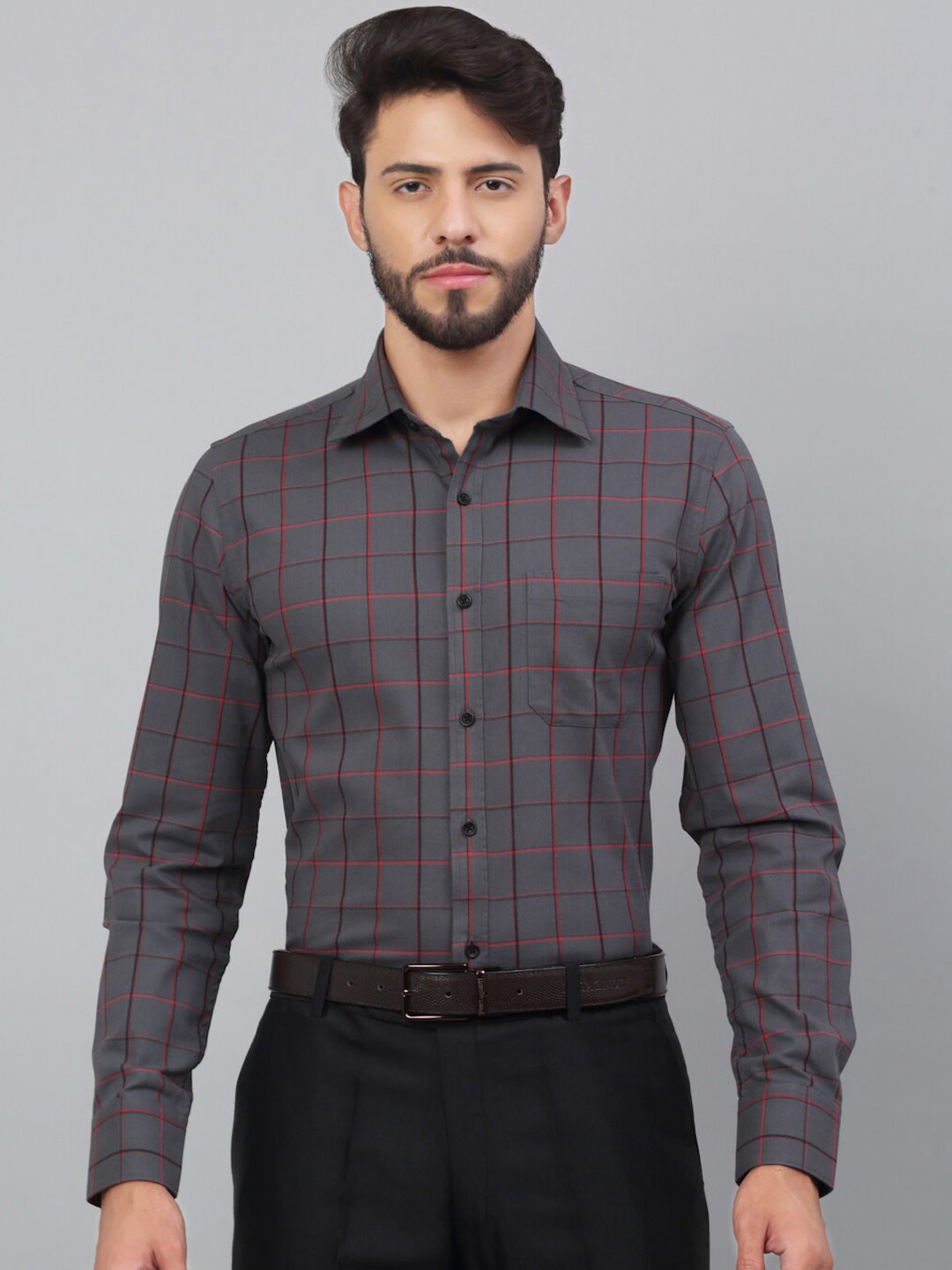 

LOUIS STITCH Comfort Fit Tartan Checked Cotton Formal Shirt, Grey