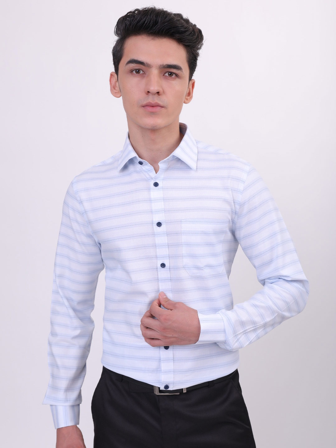 

LOUIS STITCH Comfort Horizontal Striped Cotton Formal Shirt, Blue