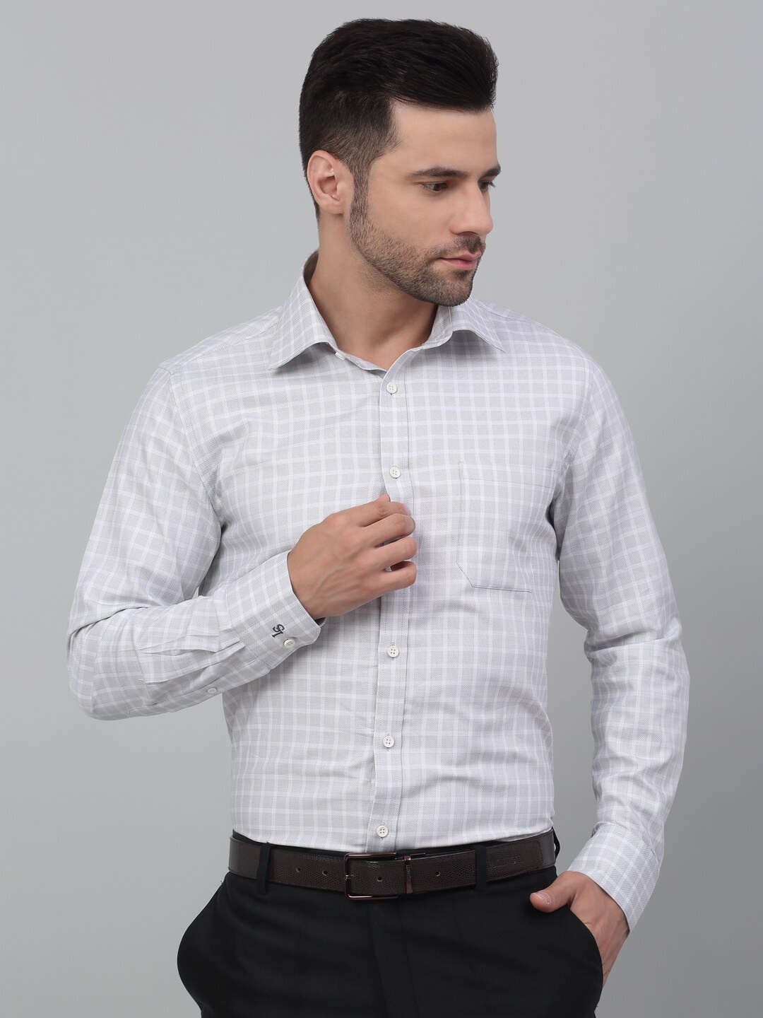 

LOUIS STITCH Comfort Grid Tattersall Checked Cotton Formal Shirt, Grey