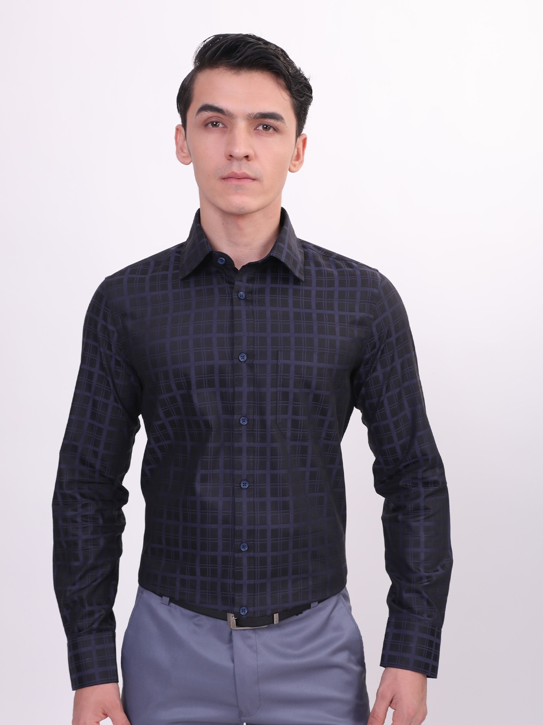 

LOUIS STITCH Comfort Grid Tattersall Checks Cotton Formal Shirt, Navy blue