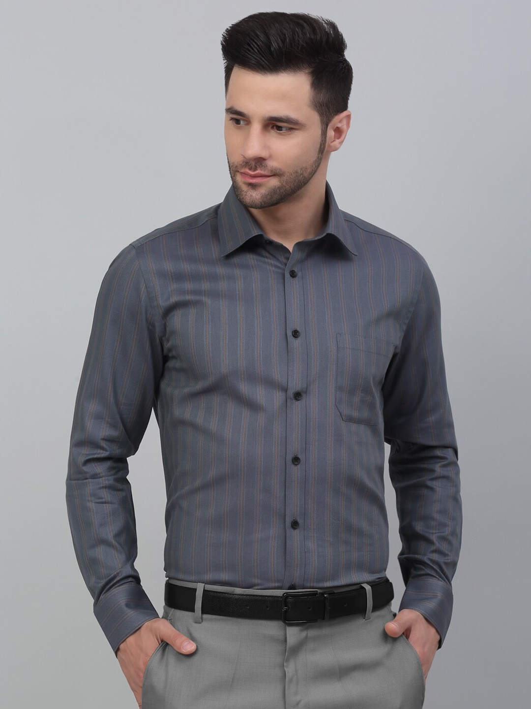 

LOUIS STITCH Comfort Fit Vertical Striped Cotton Formal Shirt, Grey