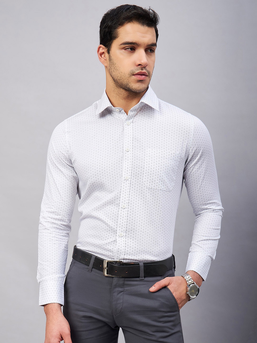 

LOUIS STITCH Comfort Geometric Printed Cotton Formal Shirt, White