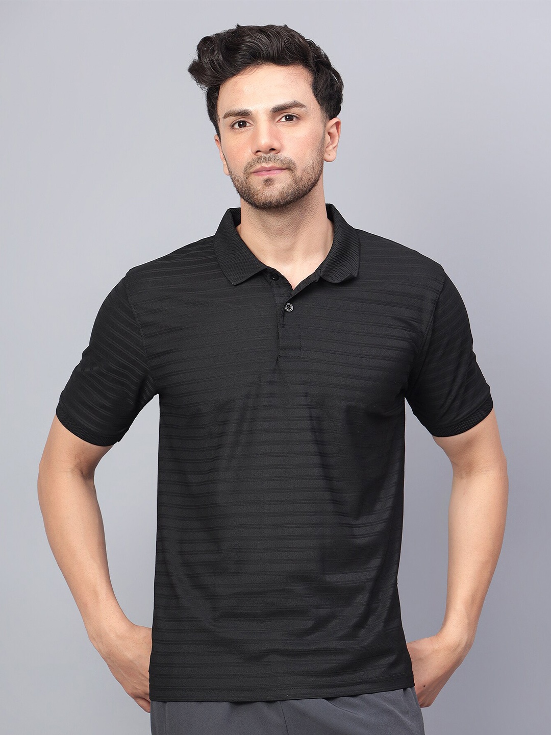 

Shiv Naresh Striped Rapid-Dry Polo Collar Sports T-shirt, Black