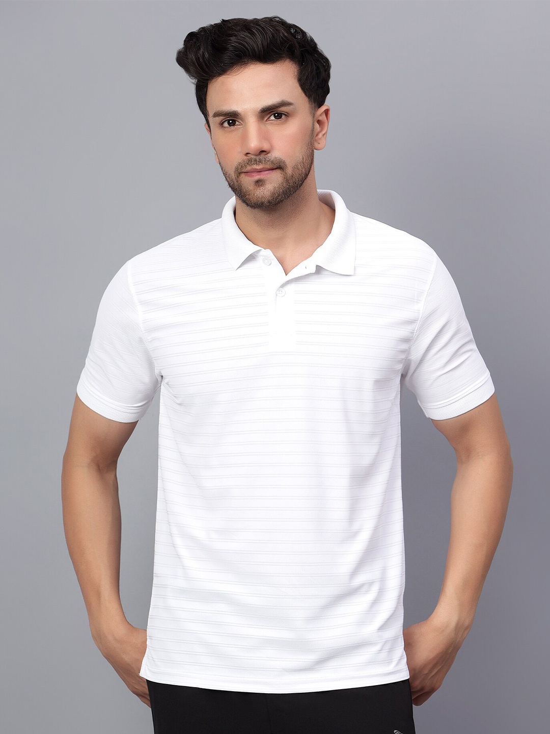 

Shiv Naresh Striped Rapid-Dry Polo Collar Sports T-shirt, White