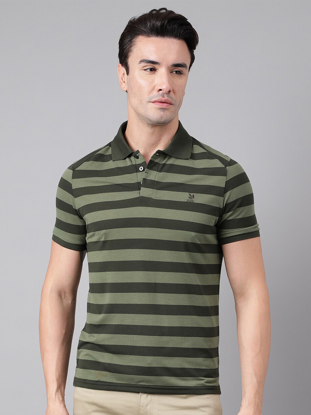 

Woodland Striped Polo Collar Cotton T-shirt, Green