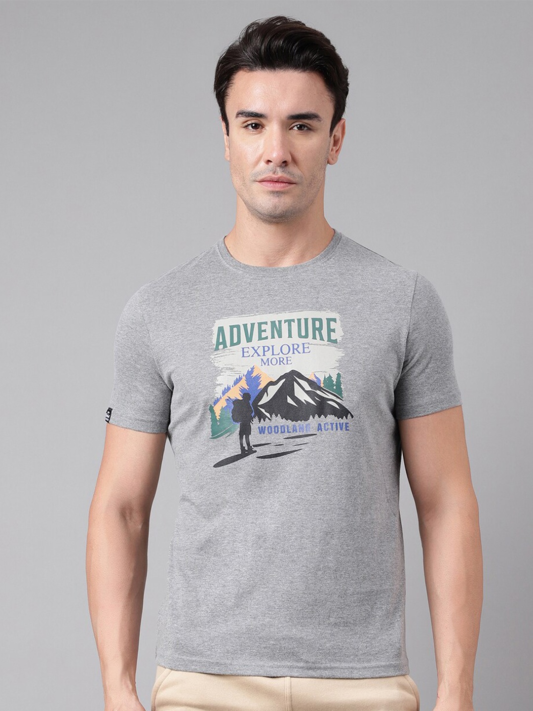 Woodland Graphic Printed Round Neck Casual T-shirt, Grey melange