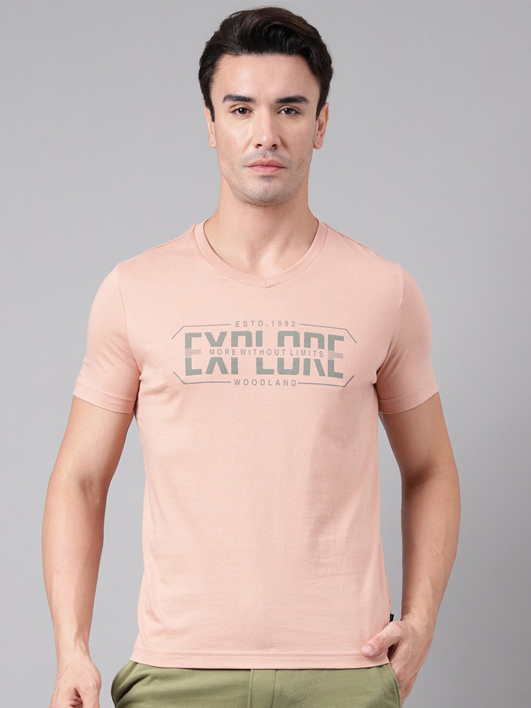 Woodland Typography Printed Pure Cotton Casual T-shirt, Pink
