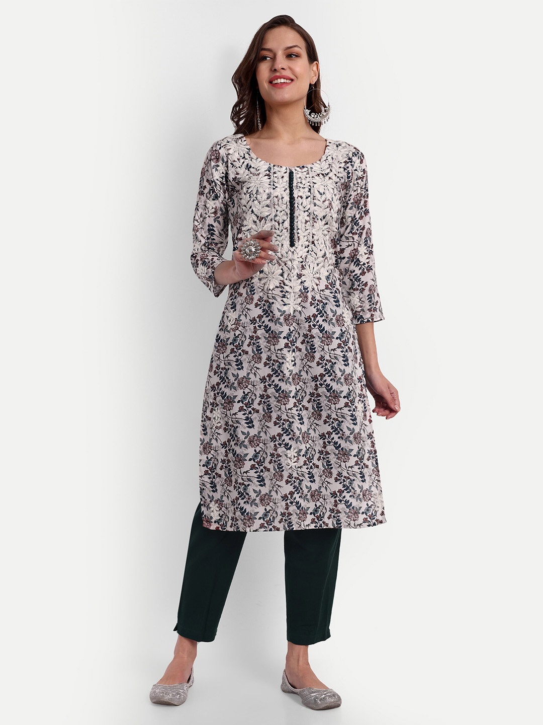 

SAZRIKA Floral Printed Thread Work Cotton Straight Kurta, White