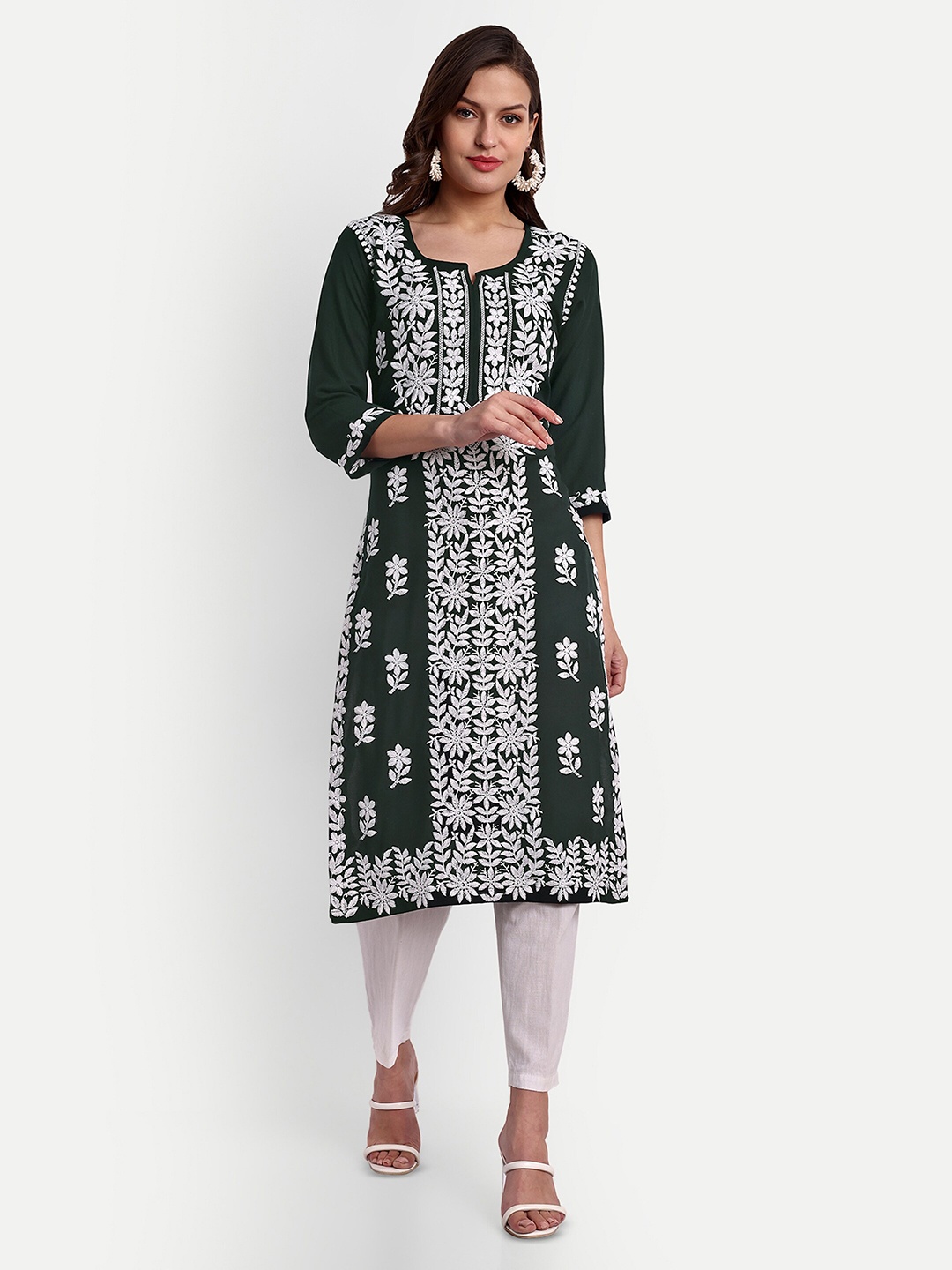 

SAZRIKA Floral Embroidered Straight Kurta, Green