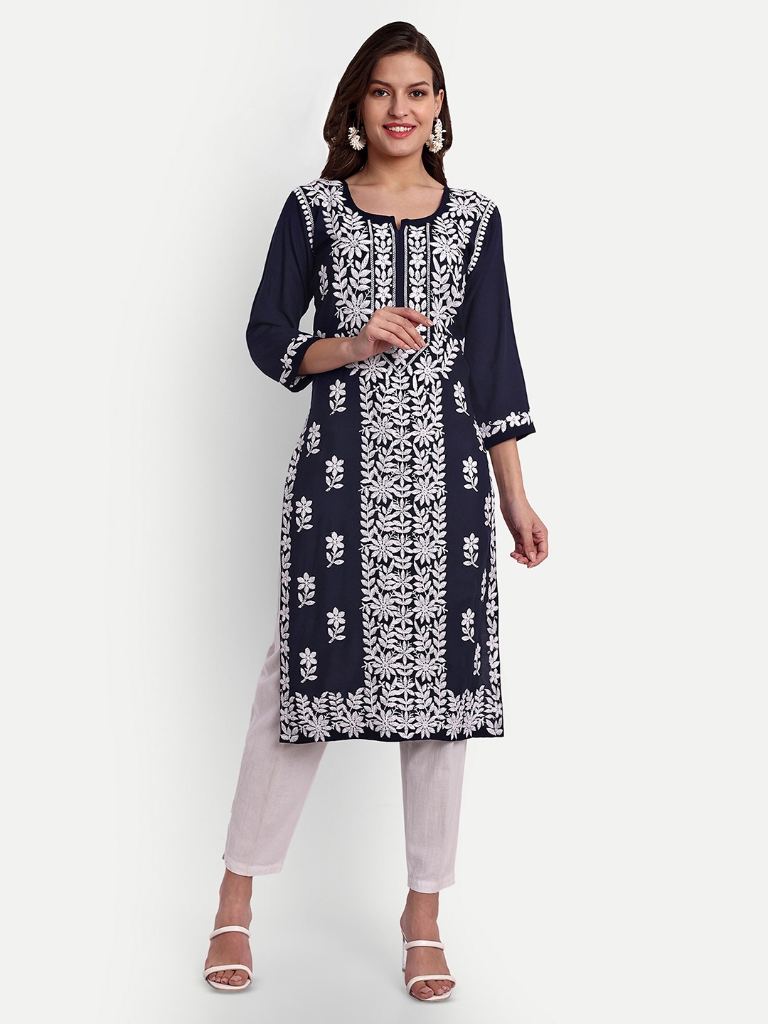 

SAZRIKA Floral Embroidered Straight Kurta, Navy blue
