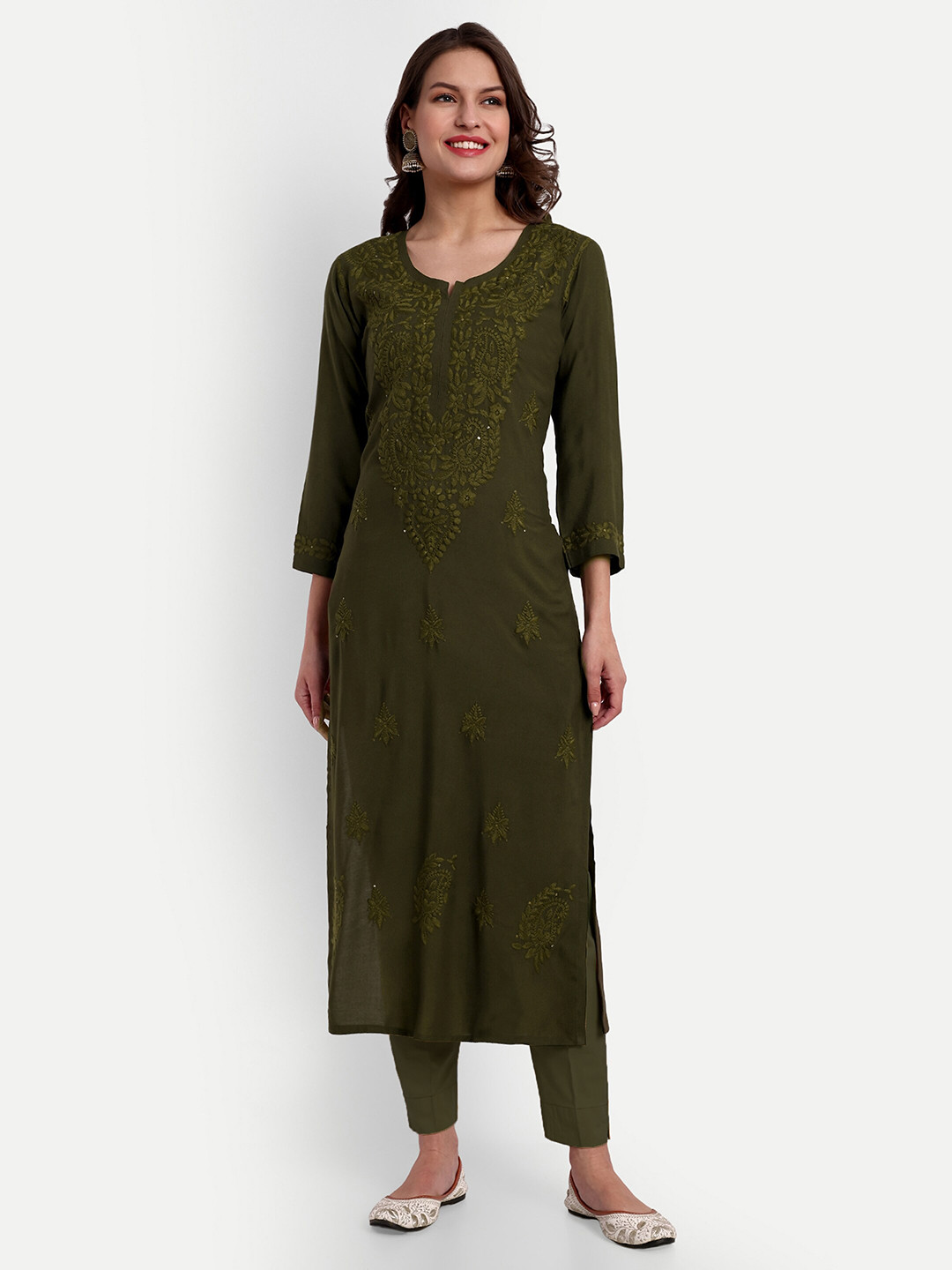

SAZRIKA Floral Embroidered Sequinned Straight Kurta, Green