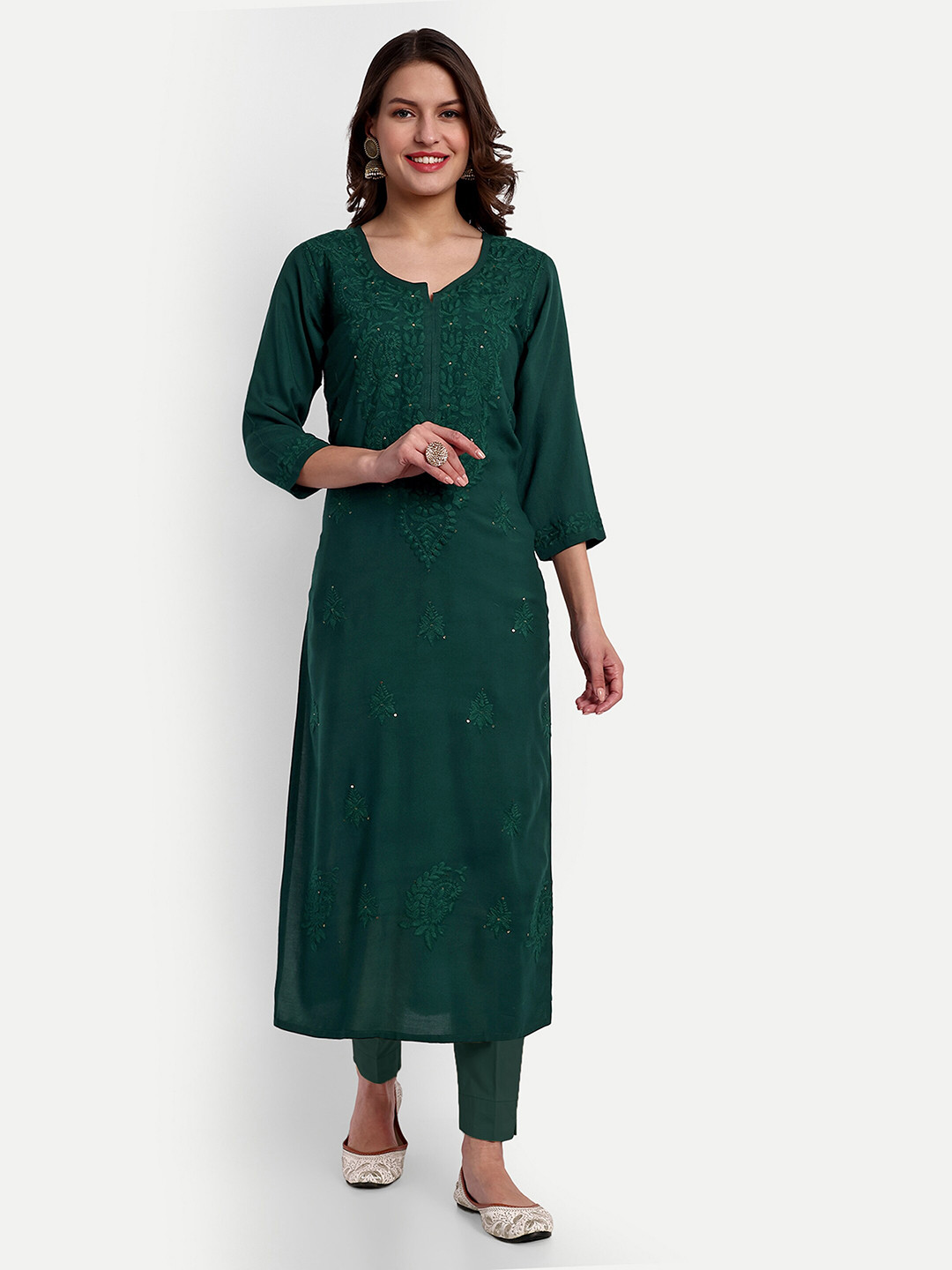 

SAZRIKA Floral Embroidered Sequinned Kurta, Green