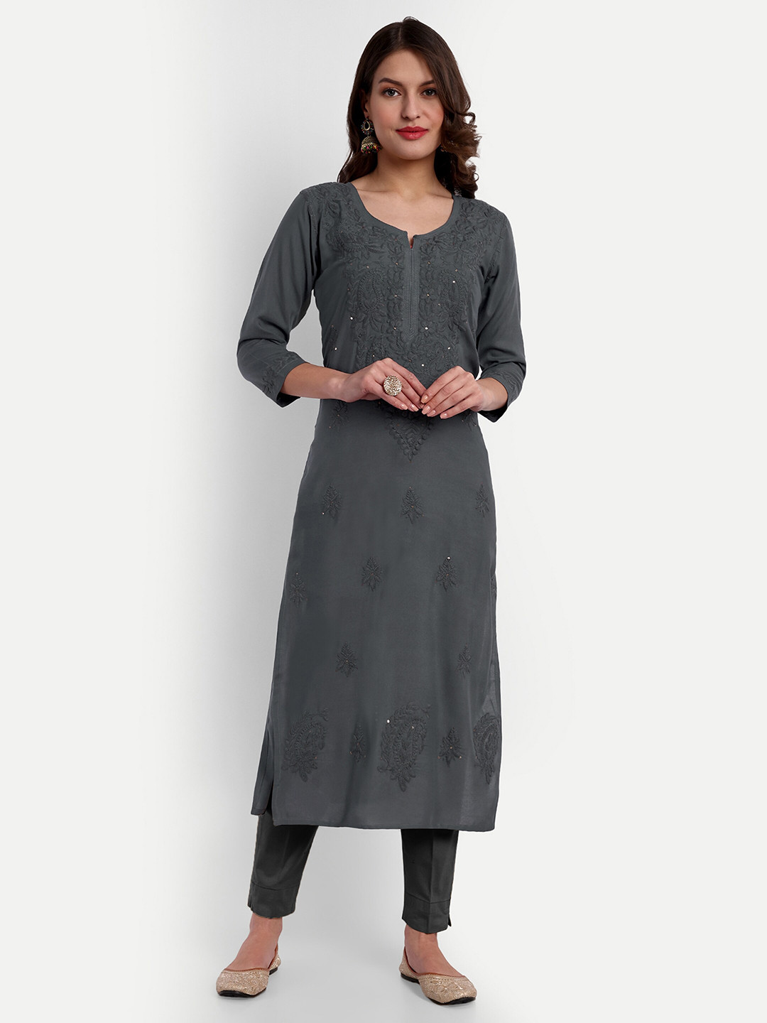 

SAZRIKA Ethnic Motifs Embroidered Straight Kurta, Grey