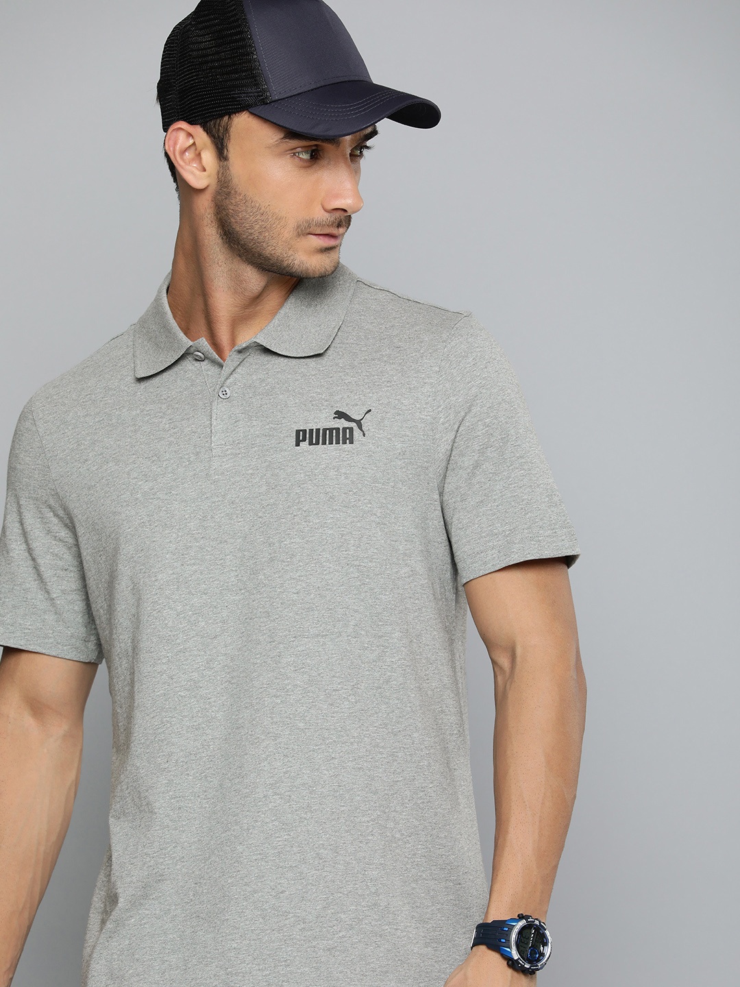

Puma Brand Logo Ess Jersey Polo Collar Pure Cotton Applique T-shirt, Grey melange