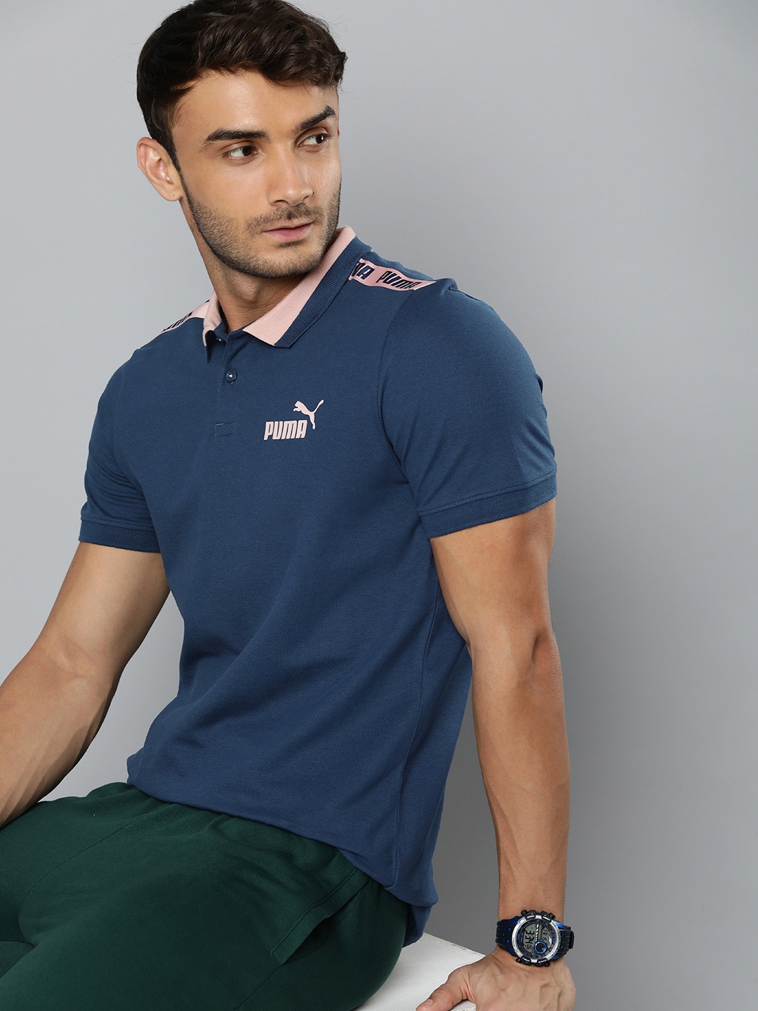 

Puma Brand Logo Classics Modern Tipping Polo Collar Applique Slim Fit T-shirt, Blue