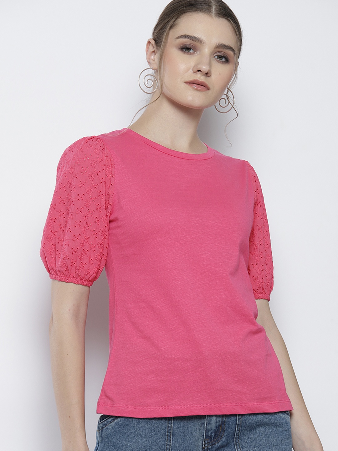 

DOROTHY PERKINS Schiffli Puff Sleeves Pure Cotton Top, Pink