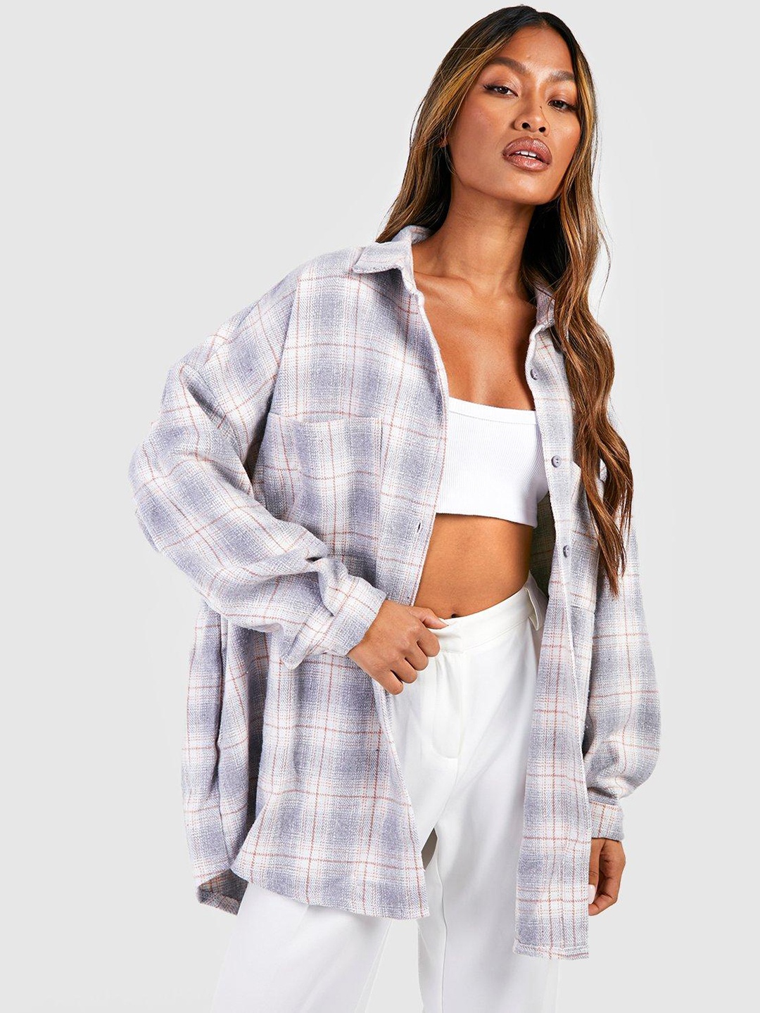 

Boohoo Women Oversized Tartan Checks Longline Shacket, Blue