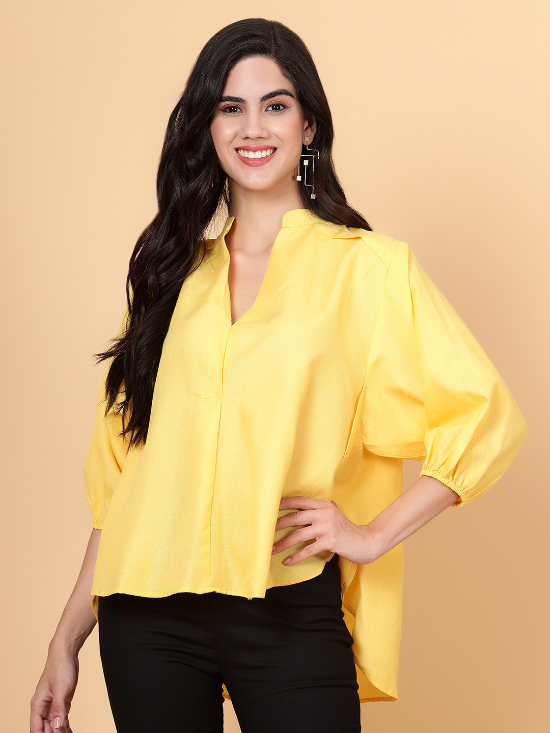 

Bani Women Mandarin Collar Puffed Sleeves High-Low Top, Yellow