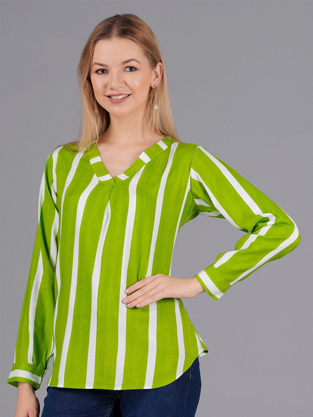 

KPF Vertical Striped V-Neck Top, Green