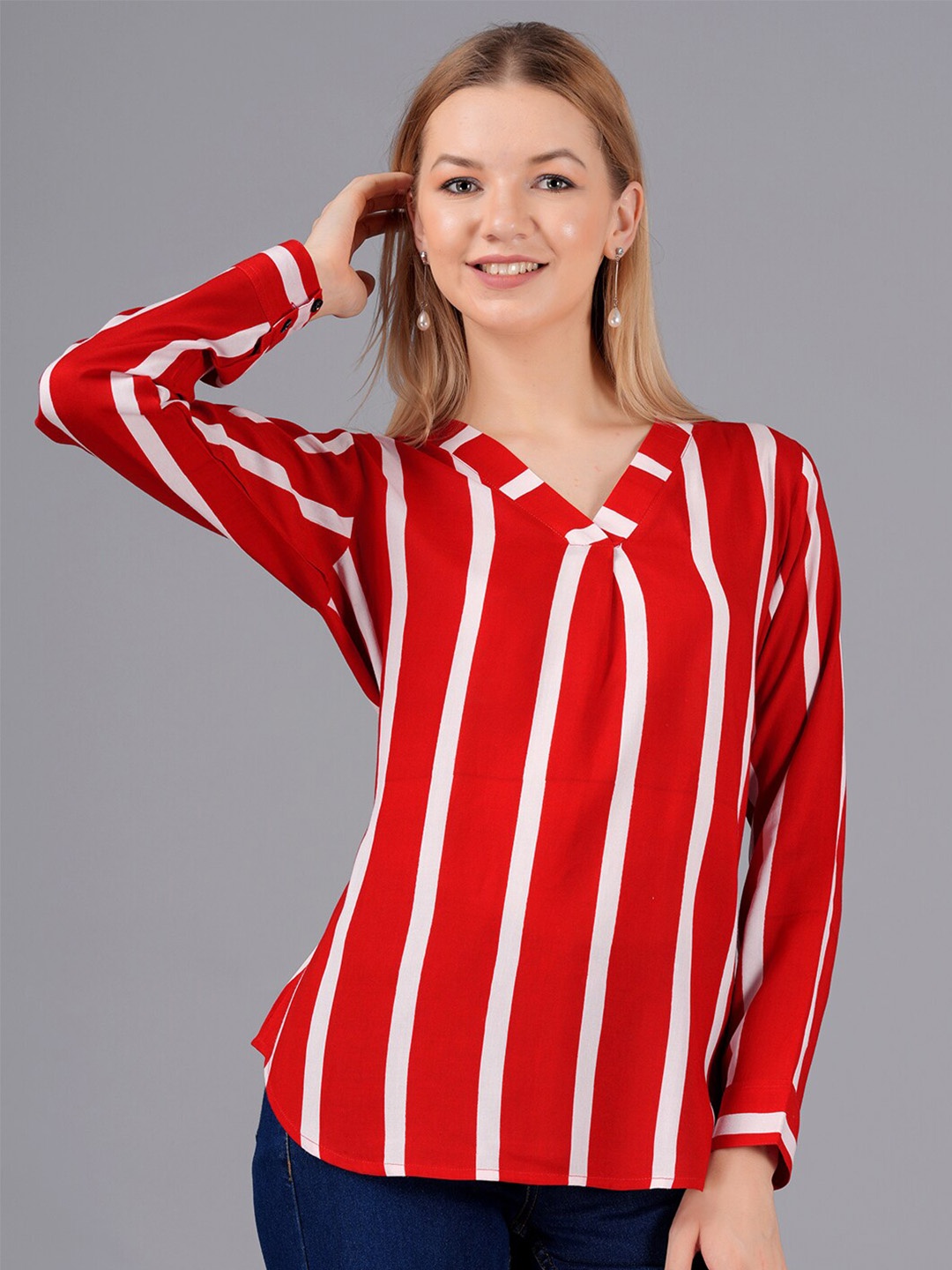 

KPF Vertical Striped V-Neck Top, Red