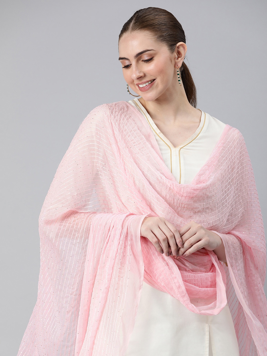 

Rani Saahiba Striped Embroidered Sequinned Dupatta, Pink