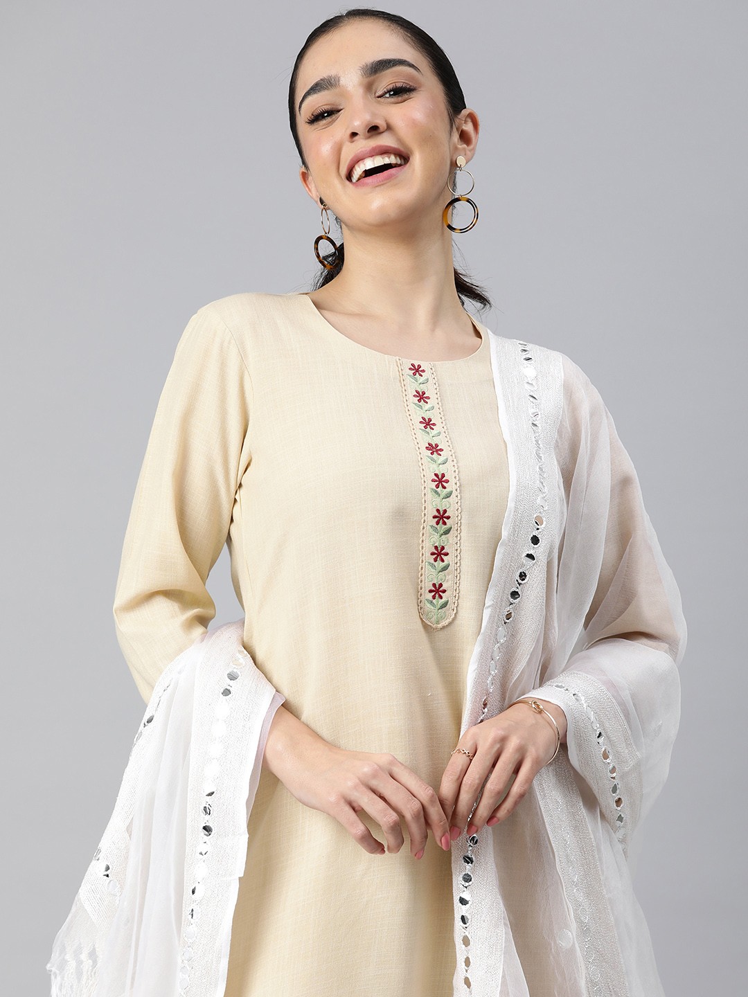 

Rani Saahiba Ethnic Motifs Embroidered Organza Dupatta with Mirror Work, White