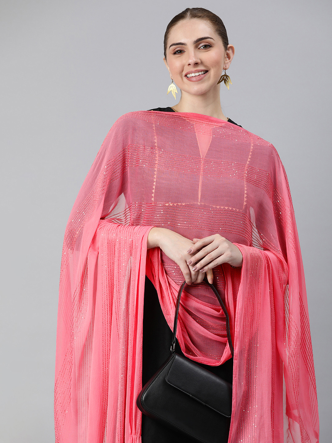

Rani Saahiba Striped Embroidered Chiffon Dupatta with Sequinned, Pink