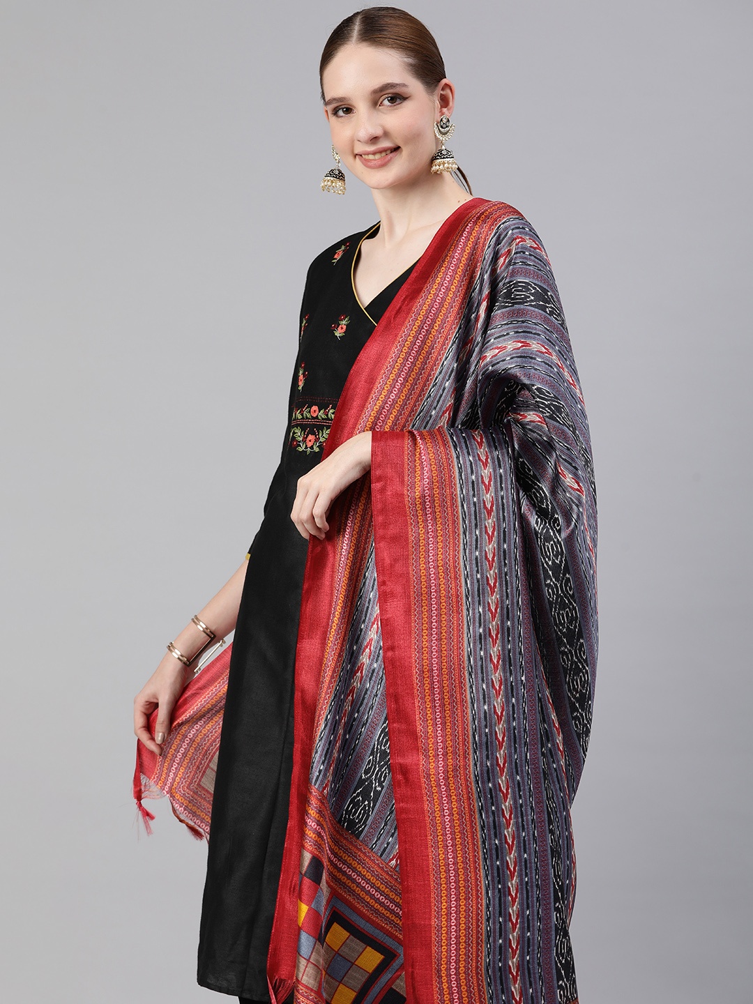 

Rani Saahiba Ethnic Motifs Printed Ikat Dupatta, Grey