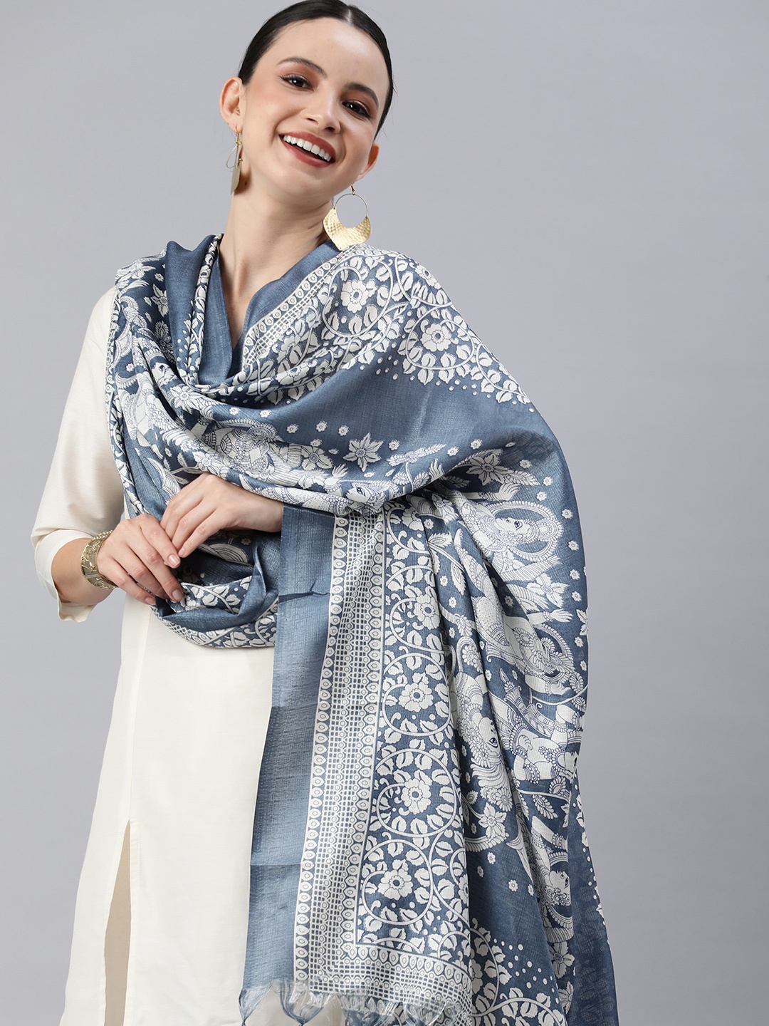 

Rani Saahiba Ethnic Motifs Printed Kalamkari Dupatta, Grey