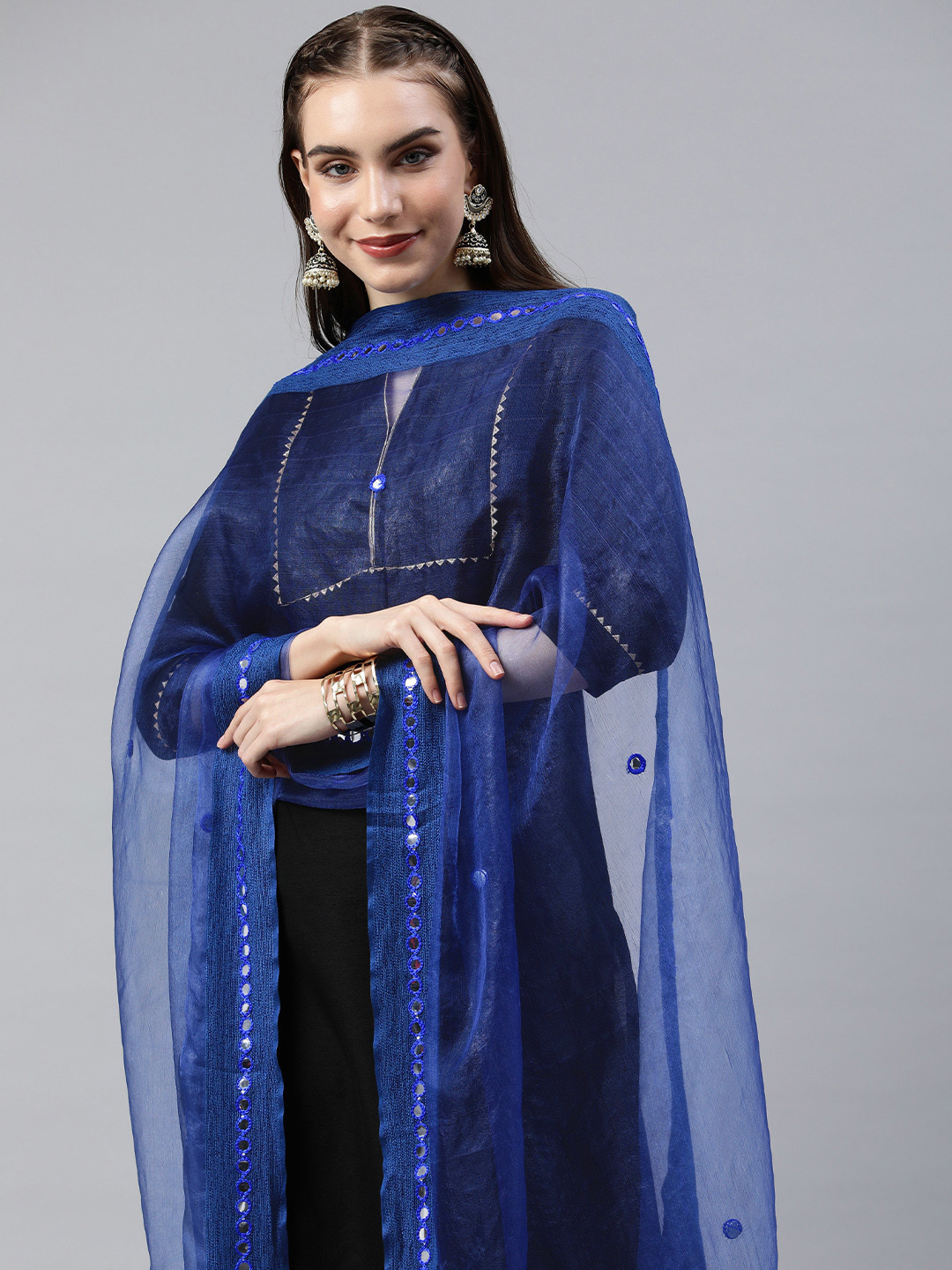 

Rani Saahiba Embroidered Organza Dupatta with Mirror Work, Blue