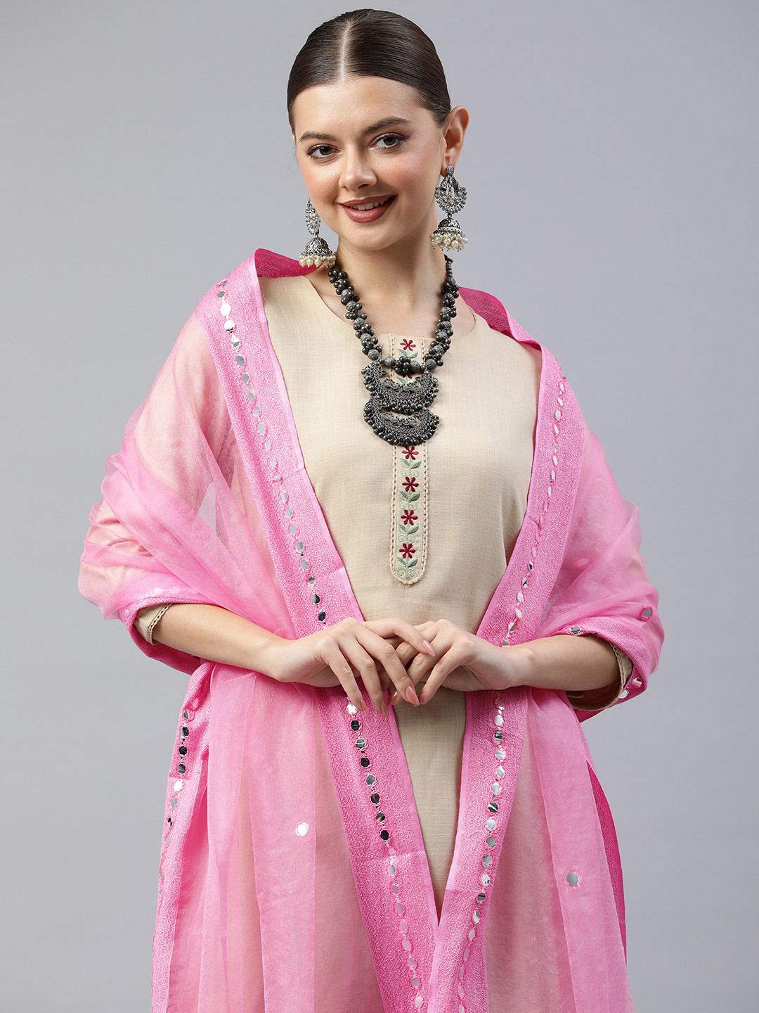 

Rani Saahiba Embroidered Mirror Work Organza Dupatta, Pink